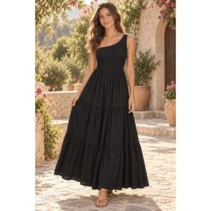 Billy J Maxi Dress One Shoulder Smocked Tiered Black Womens 6 Boho Chic Romantic